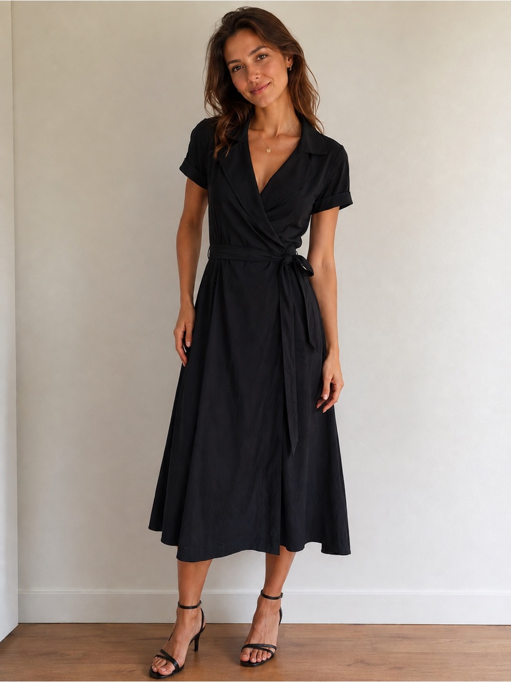 Ann Taylor Black Wrap Midi Dress with Tie Waist